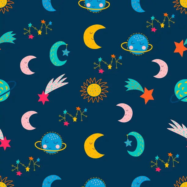 Vector illustration of Seamless pattern on a blue background, in vector graphics - space elements in cartoon cute style. For decorating textiles, covers, prints for wrapping paper, clothing, packaging