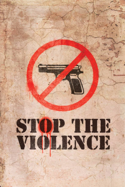 Stop Gun Violence Poster Gang Police Shootings Firearms Stencil Graffiti Art Stop the violence poster. Gun violence, gang shootings, police violence. Firearms second amendment graffiti stencil wall art mural. Grunge background poster with copy space. gun violence stock illustrations
