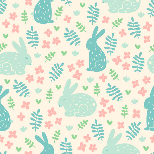 토끼, 꽃, 잔디, 잎 부활절 원활한 패턴. 스칸디나비아 스타일 - 5576 stock illustrations