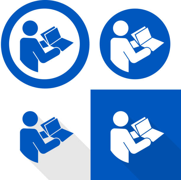 Manual book symbol. Read before use. Refer to instruction manual booklet mandatory sign Refer to instruction manual sign. Vector illustration of circular blue sign with upper human figure holding open book icon inside. Read instruction booklet before start work. Safety label. reading stock illustrations