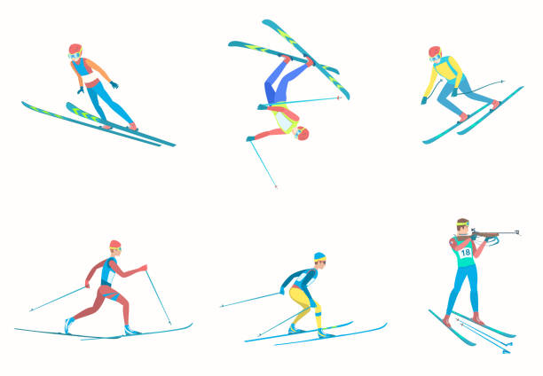 bildbanksillustrationer, clip art samt tecknat material och ikoner med uppsättning av idrottare vintersport med skidor. - skidskytte tavla
