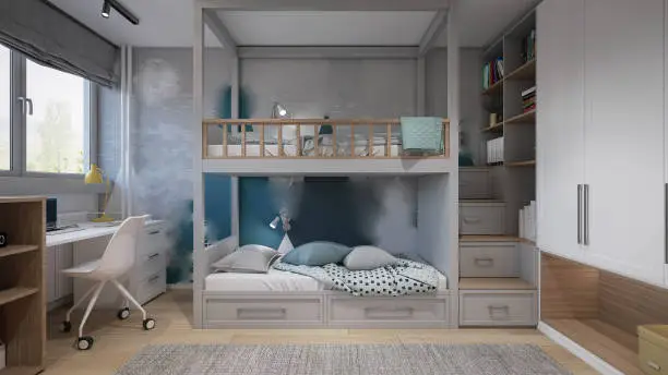 Interior Design. Architecture. Computer generated image of twin kids bun bed room. Architectural Visualization. 3D rendering.