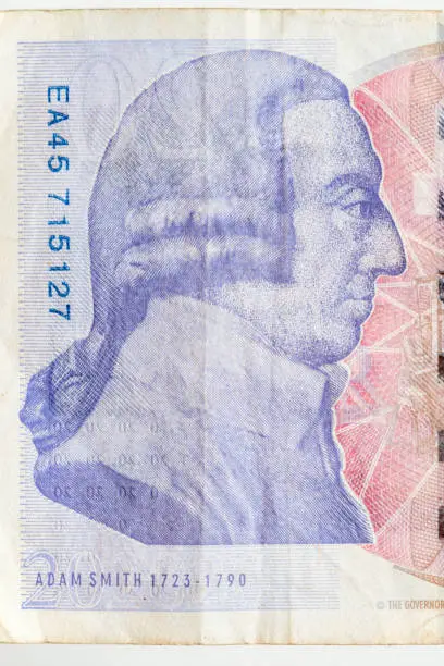 Photo of Portrait of Adam Smith on twenty pound sterling note.