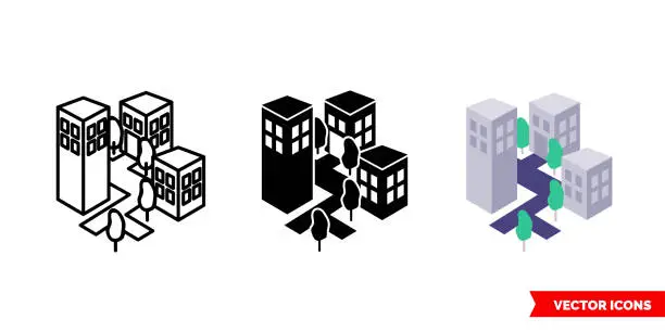 Vector illustration of City with top view icon of 3 types color, black and white, outline. Isolated vector sign symbol