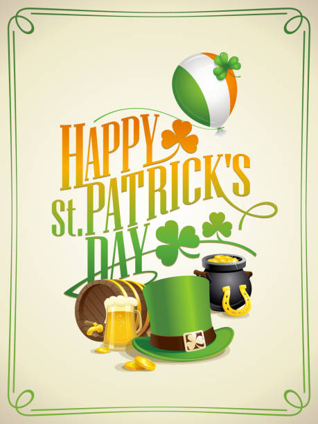 illustrations, cliparts, dessins animés et icônes de conception de vecteur de carte postale de jour de patrick - st patricks day pot of gold clover irish culture