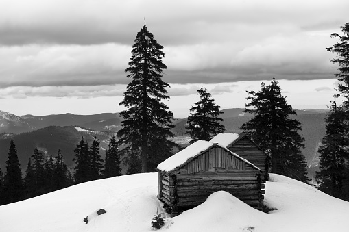 Old wooden hut in winter snowy mountains at gray day. Ukraine, Carpathian Mountains. Remote location. Black and white toned landscape.