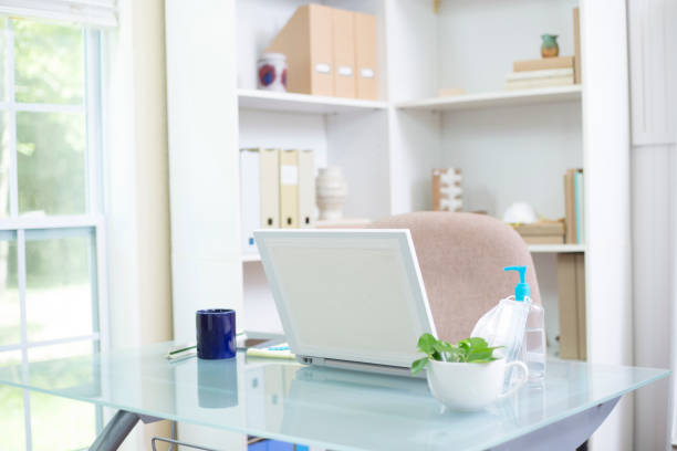 istock Reusable coffee mug in tranquil cheerful office. 1297652603