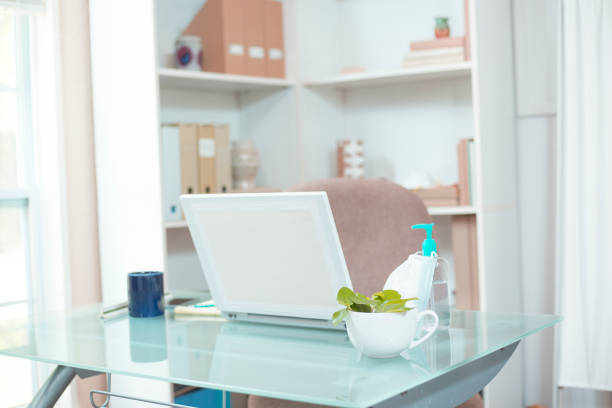 istock Reusable coffee mug in tranquil cheerful office. 1297652675