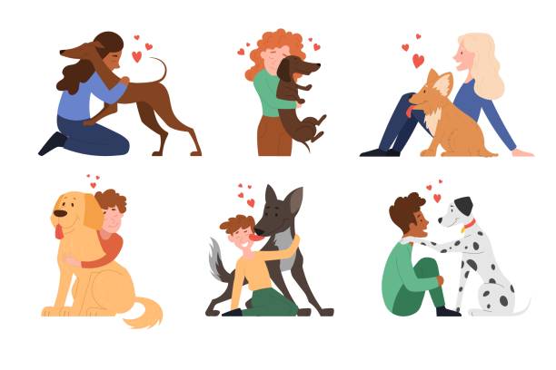 дети обнимают домашних животных собаки - pets stroking licking love stock illustrations