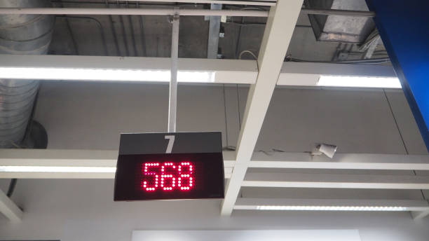 istock Digital sign for queue counter showing number 568 on board . (Display Board system in LED light.) 1297654574