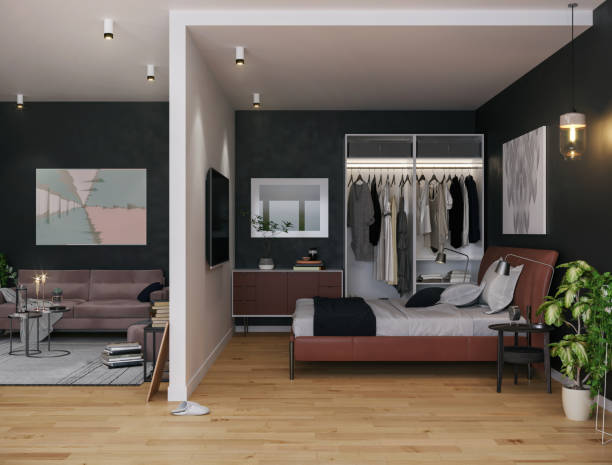 istock Small, modern apartment, bedroom and living area 1297655969