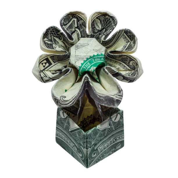 istock Money Origami FLOWER in POT Front Side Folded with Real One Dollar Bill Isolated on White Background 1297656128