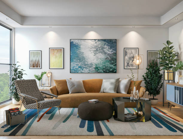 Colorful living room with yellow sofa
