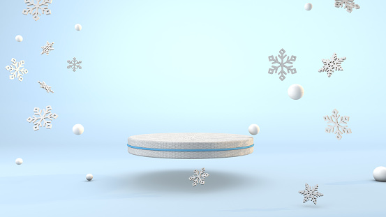 Winter Podium, Minimal Empty Podium Float With Snow And Snowflake. 3D Render