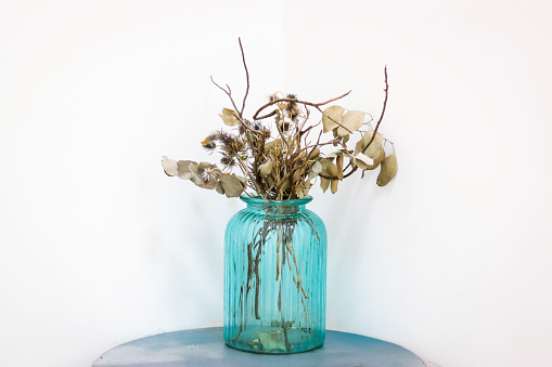 Dried flowers in the blue glass jar for decoration with empty wall in minimal style