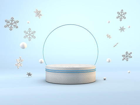 Winter Podium with snowflakes, pastel scene with blank cylinder pedestal for product show. Luxury platform. 3D Render