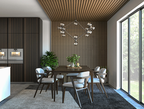 Dining room, visually separated by wooden slats from the kitchen. Render image.
