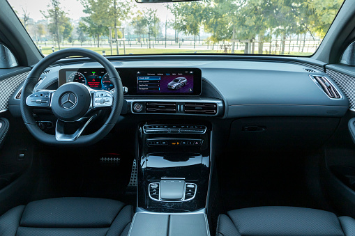 Istanbul, Turkey- January 19 2021: Mercedes-Benz EQC 400 is a fully-electric compact luxury SUV by Mercedes-Benz. It has unique interior design.