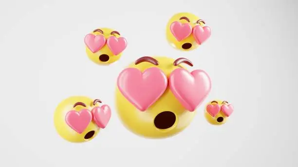 Photo of 3d rendering Heart shaped pink eyes of many emojis cartoon character icon That represents love For use at Valentine's Day White background and isolated