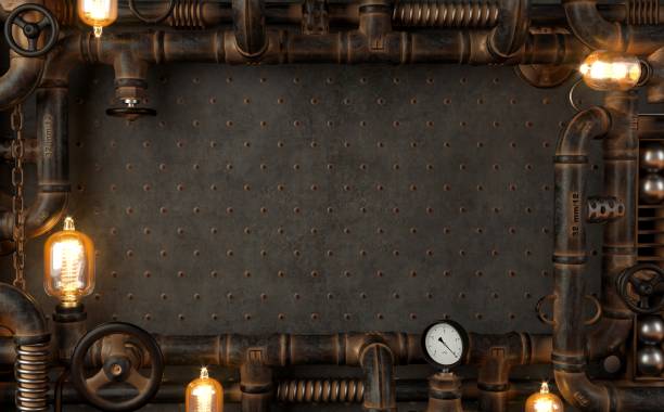Background dark wall loft steampunk lamp from pipes 3d illustration. Background dark wall loft steampunk lamp from pipes. Banner or mock up. Quote steampunk style stock pictures, royalty-free photos & images