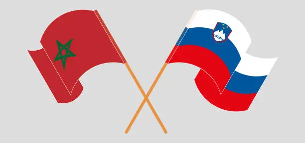 Vector illustration of Crossed and waving flags of Morocco and Slovenia