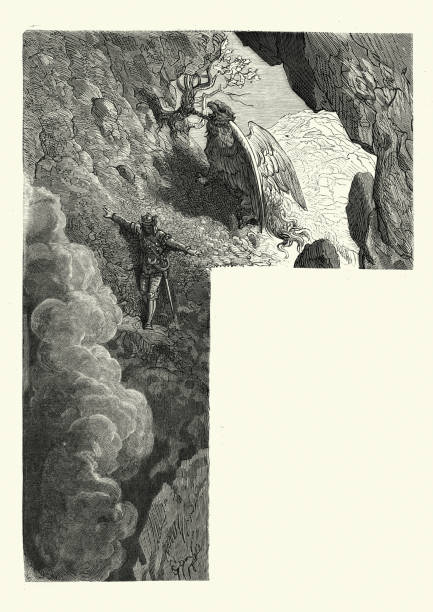 Vintage illustration of scene from Orlando Furioso illustrated by Gustave Dore. Knight descending into a dark chasm. Astolfo a fictional character of the Matter of France where he is one of Charlemagne's paladins. He owns a magic horn whose blast is so loud that it causes all enemies to flee in terror
