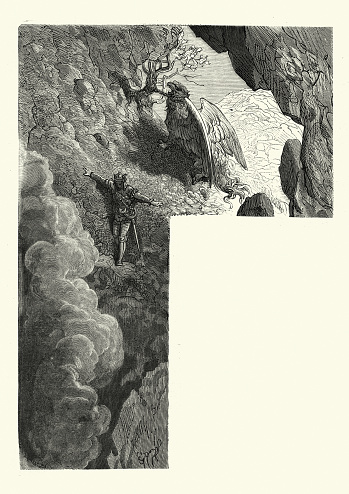 Vintage illustration of scene from Orlando Furioso illustrated by Gustave Dore. Knight descending into a dark chasm. Astolfo a fictional character of the Matter of France where he is one of Charlemagne's paladins. He owns a magic horn whose blast is so loud that it causes all enemies to flee in terror