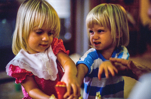Twin girls are grabbing at a toy. One of the twins has a snarl on her face as she tries to grab the toy. Both blonde girls are inside with natural lighting from a window.