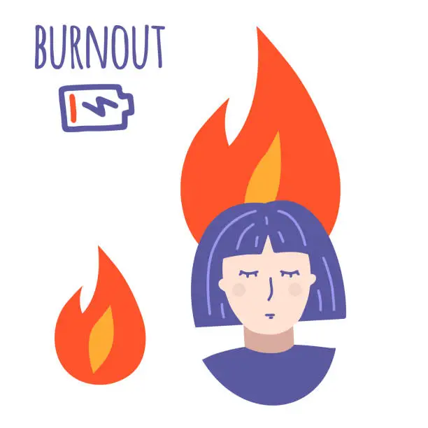 Vector illustration of Work burnout. Professional burnout syndrome. Tired woman in stress. Mental problems, depressed female