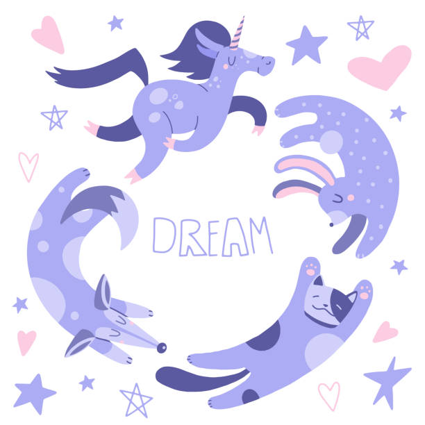 Flat cartoon vector illustration with cute unicorn, cat, fox and rabbit, hand drawn style. Flat cartoon vector illustration with cute unicorn, cat, fox and rabbit, hand drawn style. Isolated on white. Delicate, dreamy mood, pastel colors. unicorn floaty stock illustrations