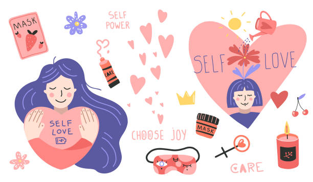 Set of design elements on self-care theme: girls, heart, mask, candle, flower. Flat cartoon vector illustration Set of design elements on self-care theme: girls, heart, mask, candle, flower. Flat cartoon vector illustration, hand drawn style, isolated on white. Self love, health, beauty and wellness concept. self love stock illustrations