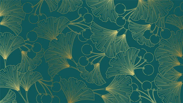 luksusowe eleganckie lineart tle złote liście i jagody ginko na szmaragdowym zielonym tle. - palm leaf leaf palm tree frond stock illustrations