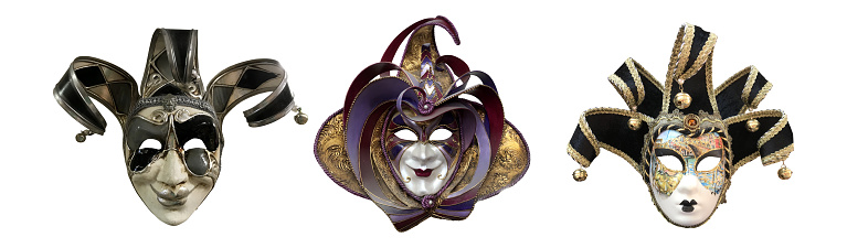 Two partial venetian masks, the left one for the woman, the right one for the man. Black background.