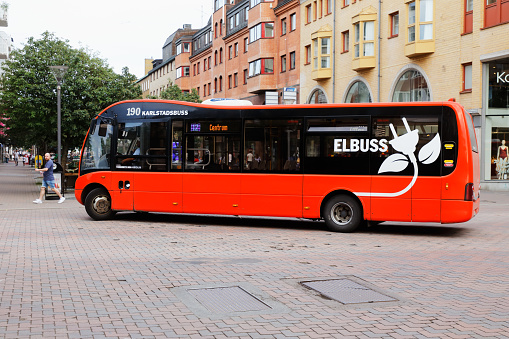 Karlstad, Sweden - June 19, 2019: Electric battery powered public transportation city bus in service for the Karlstadsbuss company.
