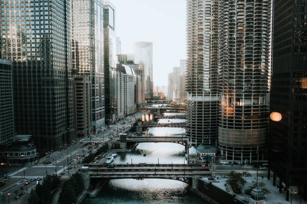 istock Wide Angle Cityscape of Chicago River Waterfront 1297676833