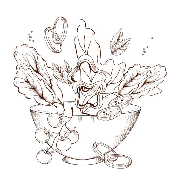 illustrazioni stock, clip art, cartoni animati e icone di tendenza di insalatiera con mix di verdure e foglie di lattuga, illustrazione vettoriale in stile incisione isolata. - morning tomato lettuce vegetable