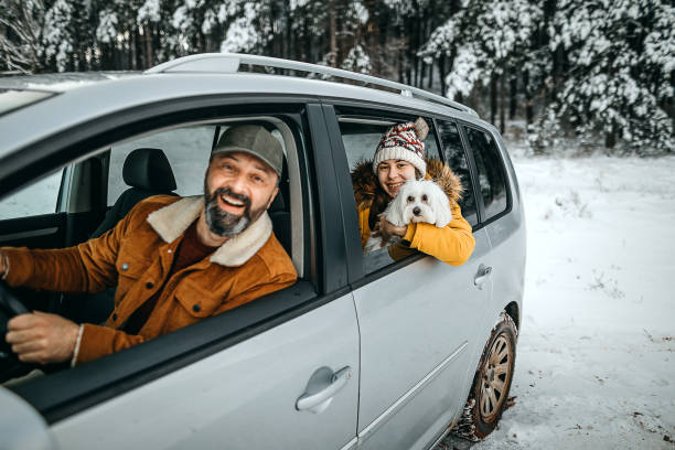 family on a winter road trip - winter driving imagens e fotografias de stock