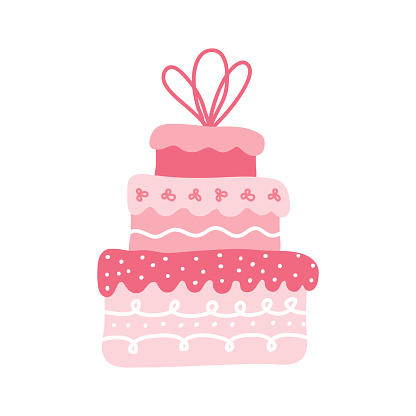 A large pink cream cake with three tiers. Ornate decorated wedding cake isolated on a white background. Logo or an icon for a bakery or pastry shop. Festive sweets. Hand drawn hand vector illustration