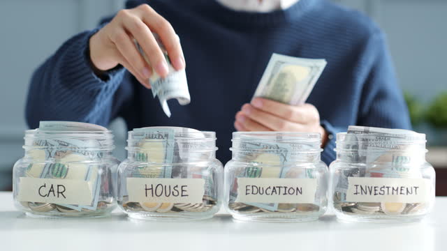 Hand's man putting money in jar for future, money plan, save money and management concept