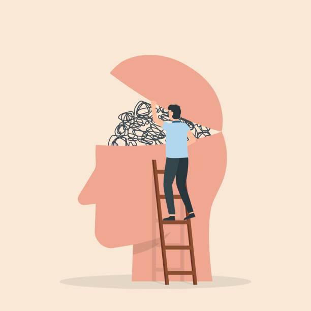 ilustrações de stock, clip art, desenhos animados e ícones de humans head silhouette with messy lines of thinks. mental disorder icon. vector illustration. - ansiedade
