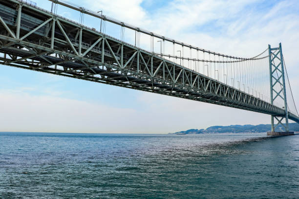 효고의 아카시 카이쿄 다리와 아와��지 섬 - seto inland sea akashi blue sky car 뉴스 사진 이미지