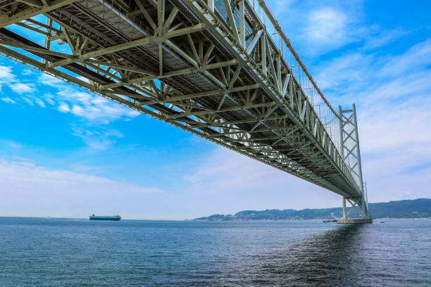 효고의 아카시 카이쿄 다��리와 아와지 섬 - seto inland sea akashi blue sky car 뉴스 사진 이미지