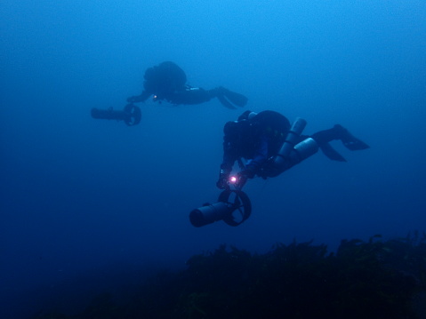 Group of divers underwater with scuba equipment exploring sea life