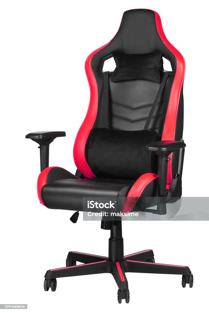 Computer chair for gamers Computer chair for PC gamers isolated on white background. PC gaming chair. E-sport, tournament, championship. Sport design gaming chair with cushions Chair Stock Photo