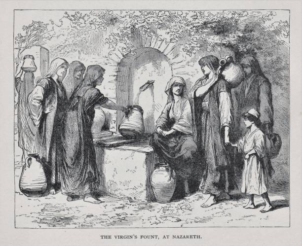 Virgin Mary's Fountain in Nazareth Catholic tradition teaches there is a fountain in Nazareth where Angel Gabriel announced to Virgin Mary she would give birth to the Son of God, Jesus Christ. Known as the Annunciation. Illustration published in The Life of Christ by Louise Seymour Houghton (American Tract Society: New York) in 1890. Copyright expired; artwork is in Public Domain. Digitally restored. old water well drawing stock illustrations
