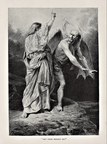Jesus Christ commands the devil to leave as they stand on a  mountain. Illustration published in The Life of Christ by Louise Seymour Houghton (American Tract Society: New York) in 1890. Copyright expired; artwork is in Public Domain. Digitally restored.