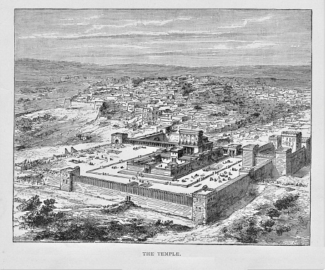 Jewish Temple in Ancient Jerusalem, Israel, Middle East. Landscape view. Illustration published in The Life of Christ by Louise Seymour Houghton (American Tract Society: New York) in 1890. Copyright expired; artwork is in Public Domain. Digitally restored.