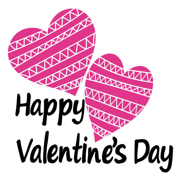 glücklicher valentinstag, verzierte herzen und schriftzug, ein paar rosa herzen mit mustern für eine postkarte - ornate swirl heart shape beautiful stock-grafiken, -clipart, -cartoons und -symbole