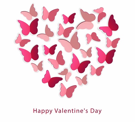 A heart made of pink butterflies. Imitation for scrapbooking. Valentine's card. Vector illustration