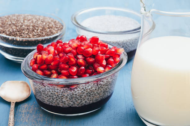 istock Chia seed pudding with raspberry jam and pomegranate seeds. Ingredients close up on wooden background 1297701930